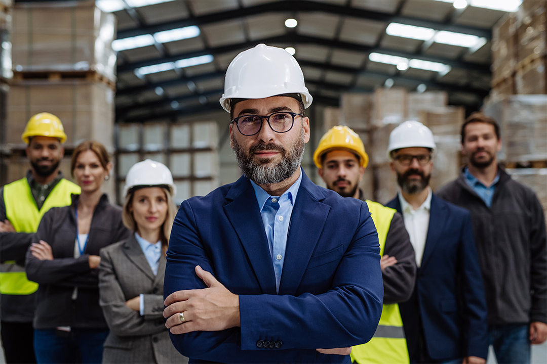 Supply chain executives meeting in warehouse to discuss end to end logistics strategy