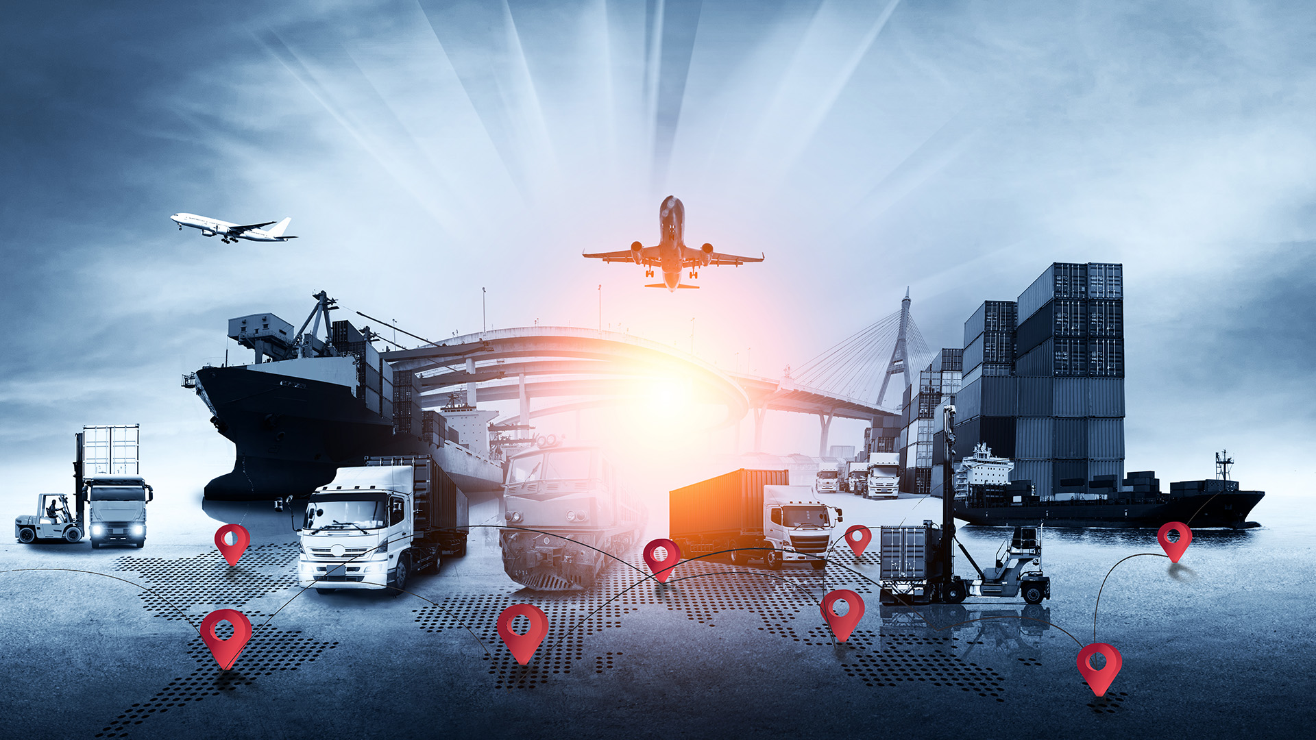 End-to-end supply chain logistics, showing multiple modes of transport: cargo ship, airplanes, trucks, train and forklifts. Location pins connect across a world map, representing international supply chain routes.